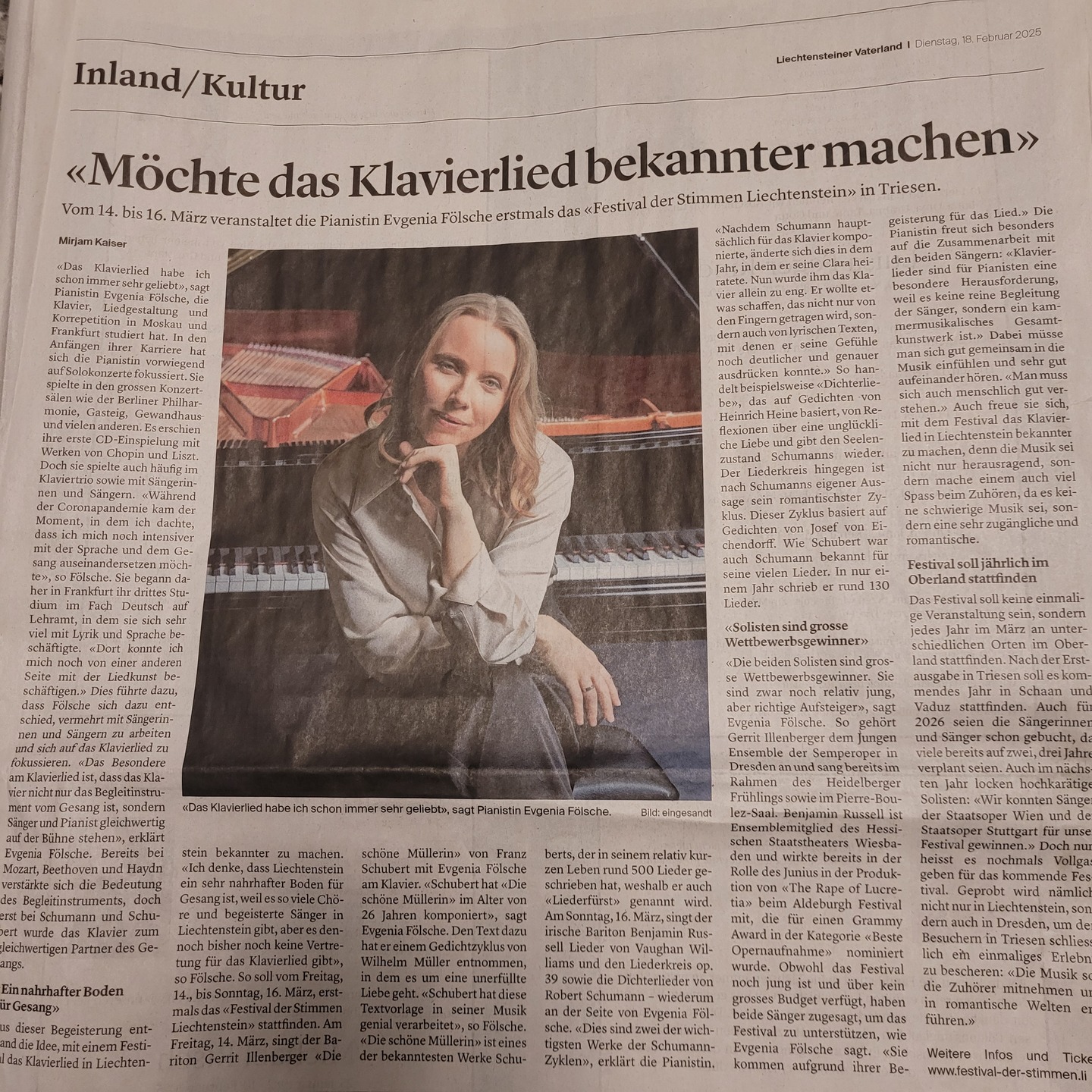 Heute erschien ein großer Artikel über das Festival der Stimmen Liechtenstein und das Klavierlied im Liechtensteiner Vaterland.
https://www.vaterland.li/liechtenstein/kultur/moechte-das-klavierlied-bekannter-machen-art-590457
Vielen Dank an die Zeitung Liechtensteiner Vaterland für diesen schönen Artikel und die vielen wichtigen Informationen über das Festival und das Klavierlied.